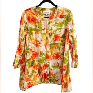 JONES NEW YORK 100% Linen Floral 3/4 Sleeve Button Down Shirt Tunic SZ Large
